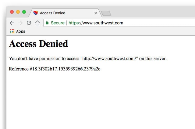 Screenshot: The Soutwest Airlines access denied page.
