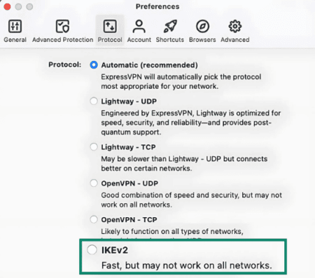 The Protocols tab of the ExpressVPN Preferences menu, showing the IKEv2 option.