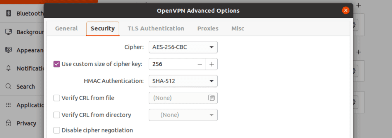 Enter the details for the “Security” tab in the “OpenVPN Advanced Options” screen.
