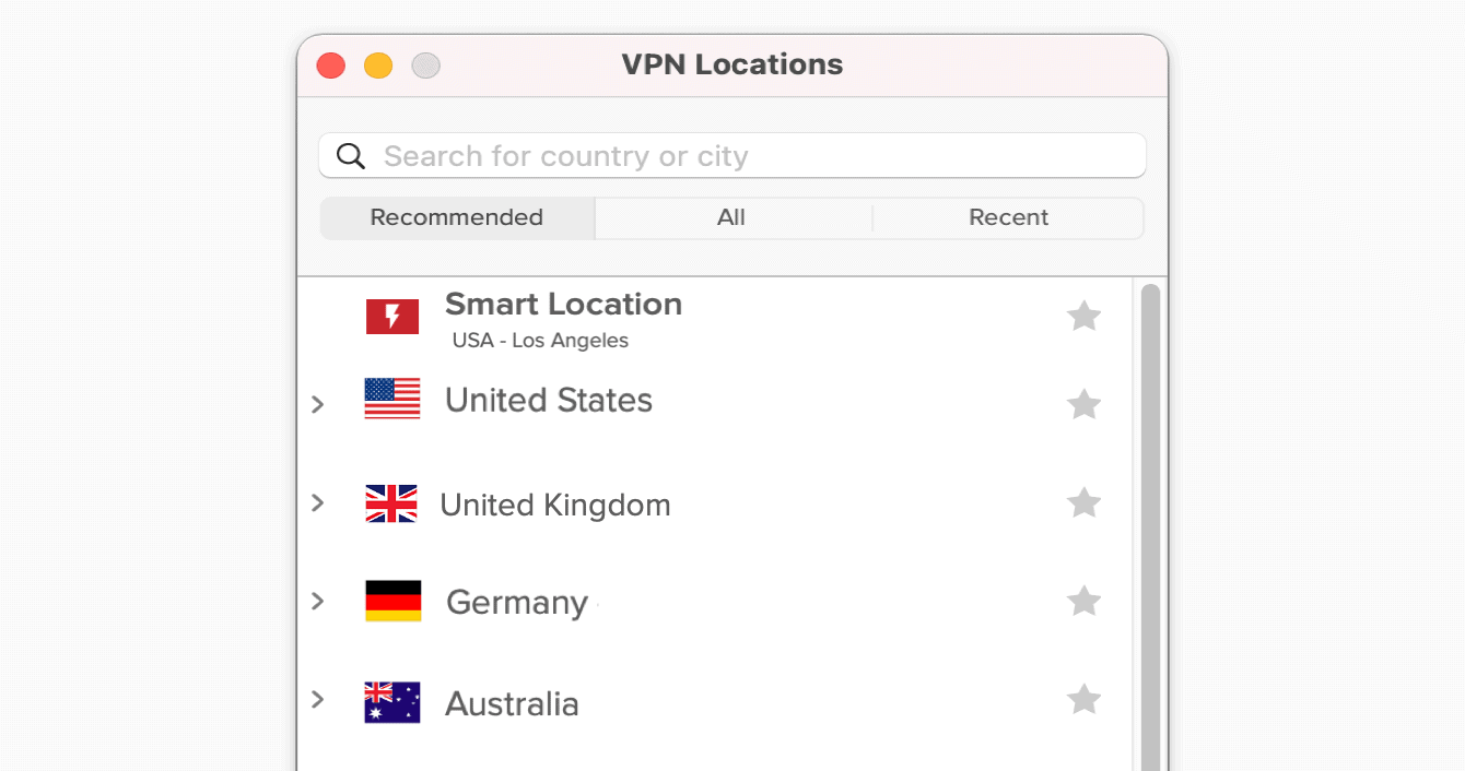 La scheda "Consigliate" sull'app ExpressVPN. 