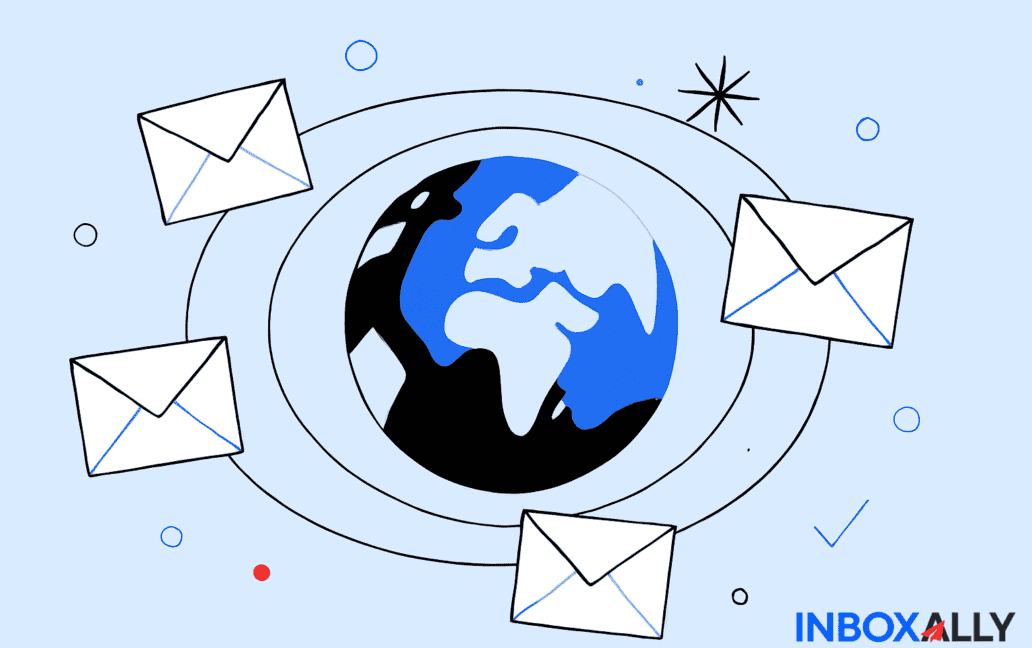 Illustration of a globe surrounded by orbiting envelopes, symbolizing global email communication and modern Bulk Email Practices for 2024, with the InboxAlly logo in the bottom right corner.