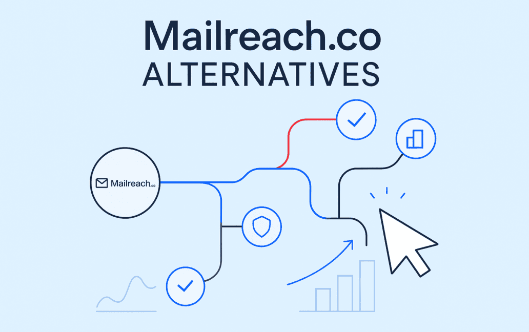 Illustration showing Mailreach.co Alternatives with icons for email, security, charts, and a cursor, all connected by colored lines on a light blue background.