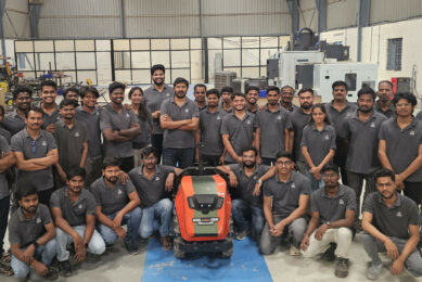 The FarmRobo iMog production team at their factory in Hyderabad, India, manufacturing the next generation of autonomous farm robots. Photos: FarmRobo